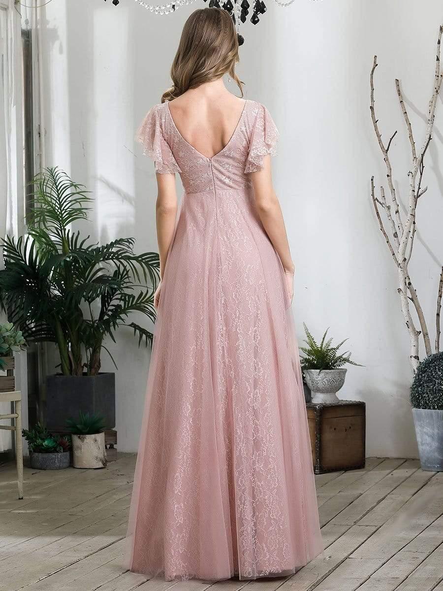 Stunning A-Line V-Neck Lace Tulle Evening Dress with Ruffle Sleeves