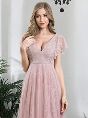 Stunning A-Line V-Neck Lace Tulle Evening Dress with Ruffle Sleeves