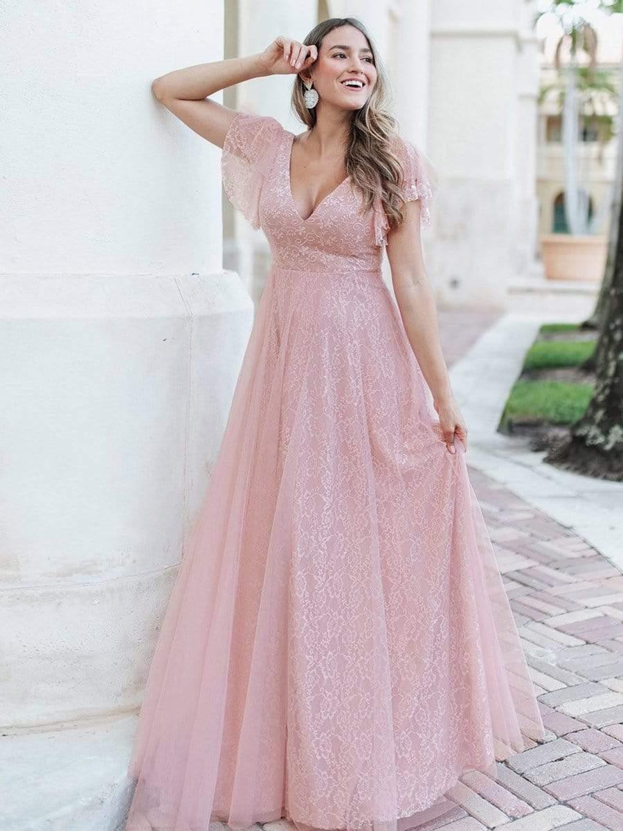 Stunning A-Line V-Neck Lace Tulle Evening Dress with Ruffle Sleeves