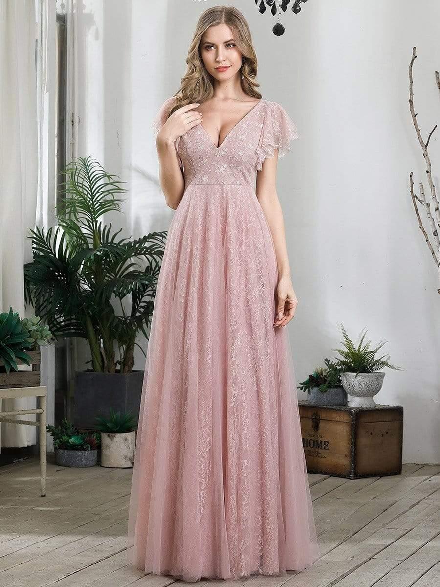 Stunning A-Line V-Neck Lace Tulle Evening Dress with Ruffle Sleeves