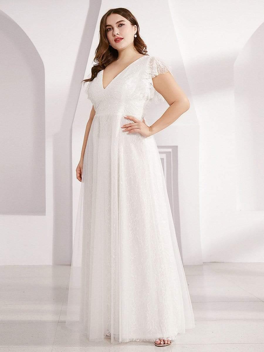 Sophisticated Plus Size A-Line V-Neck Lace Formal Dresses with Cap Sleeves