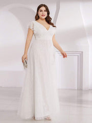 Sophisticated Plus Size A-Line V-Neck Lace Formal Dresses with Cap Sleeves