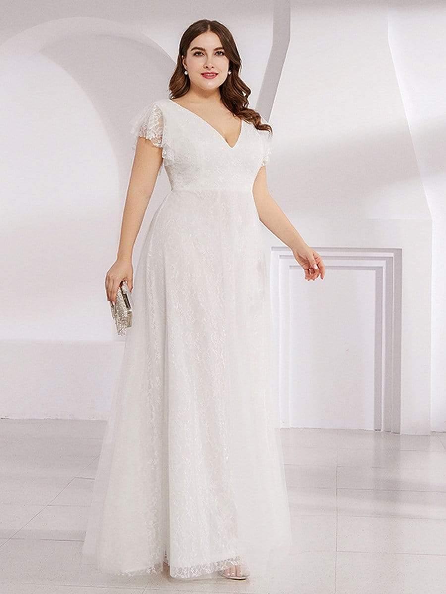 Sophisticated Plus Size A-Line V-Neck Lace Formal Dresses with Cap Sleeves