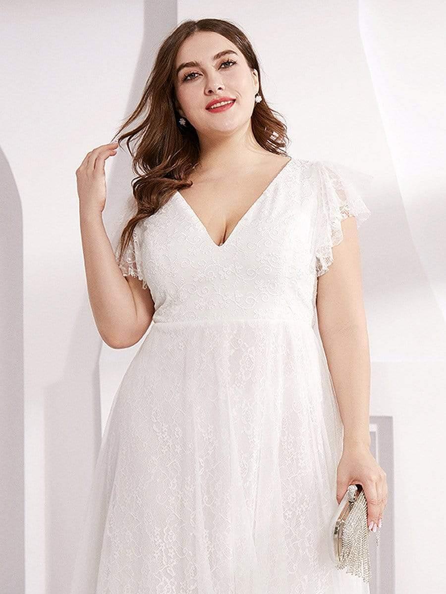 Sophisticated Plus Size A-Line V-Neck Lace Formal Dresses with Cap Sleeves