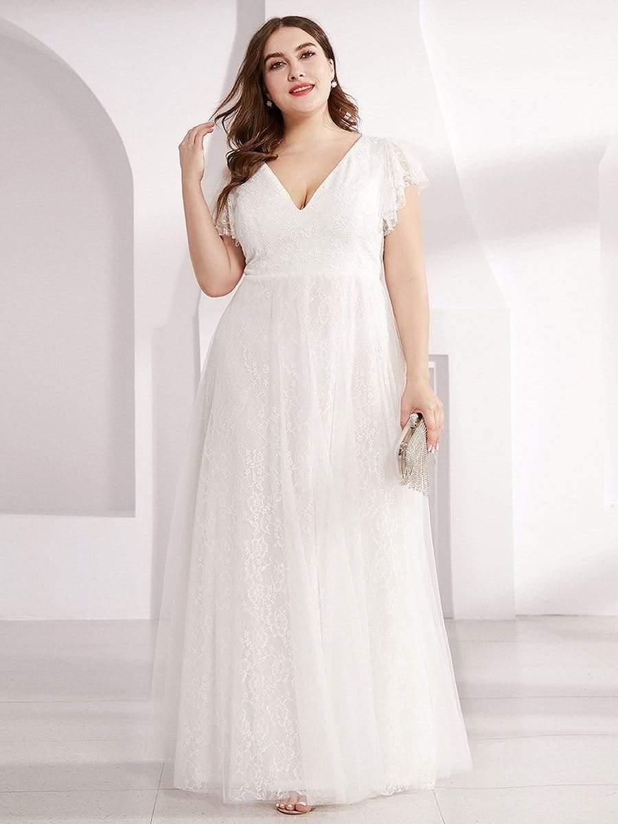Sophisticated Plus Size A-Line V-Neck Lace Formal Dresses with Cap Sleeves