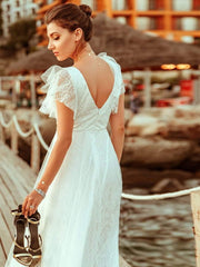 Stunning A-Line V-Neck Lace Tulle Evening Dress with Ruffle Sleeves