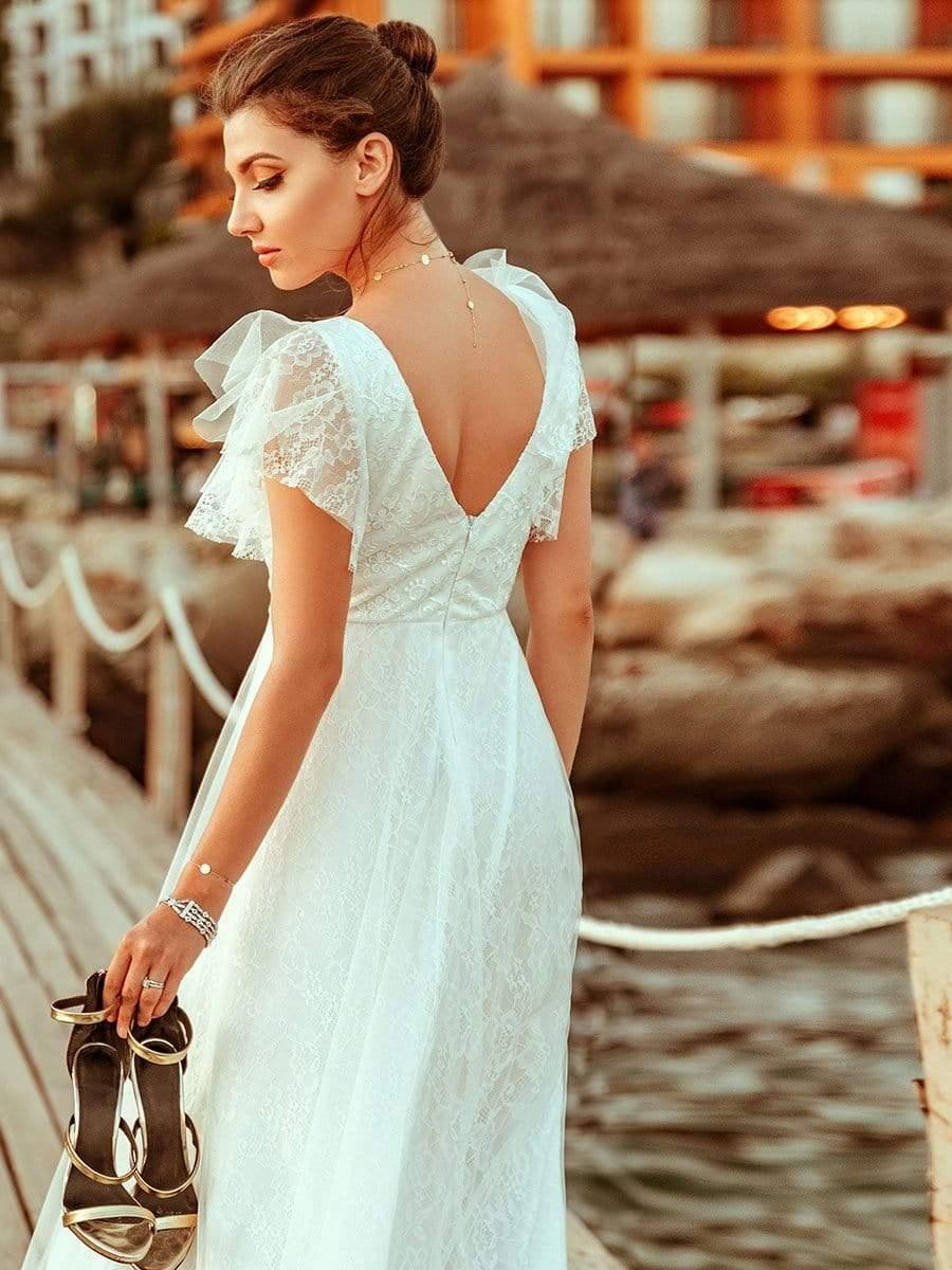 Stunning A-Line V-Neck Lace Tulle Evening Dress with Ruffle Sleeves