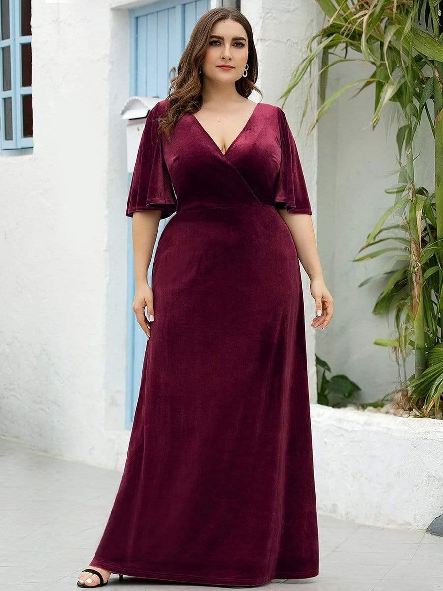 Classic Plus Size Backless Velvet Maxi Evening Dress with Short Sleeves