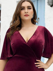 Classic Plus Size Backless Velvet Maxi Evening Dress with Short Sleeves