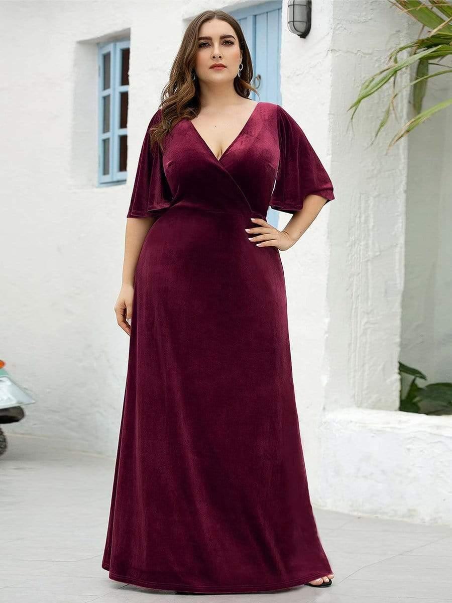 Classic Plus Size Backless Velvet Maxi Evening Dress with Short Sleeves