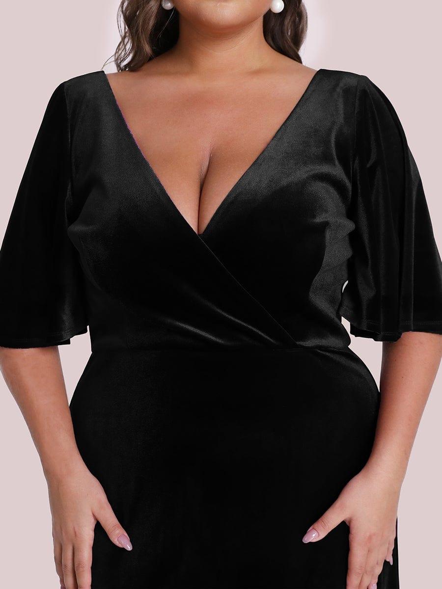 Classic Plus Size Backless Velvet Maxi Evening Dress with Short Sleeves