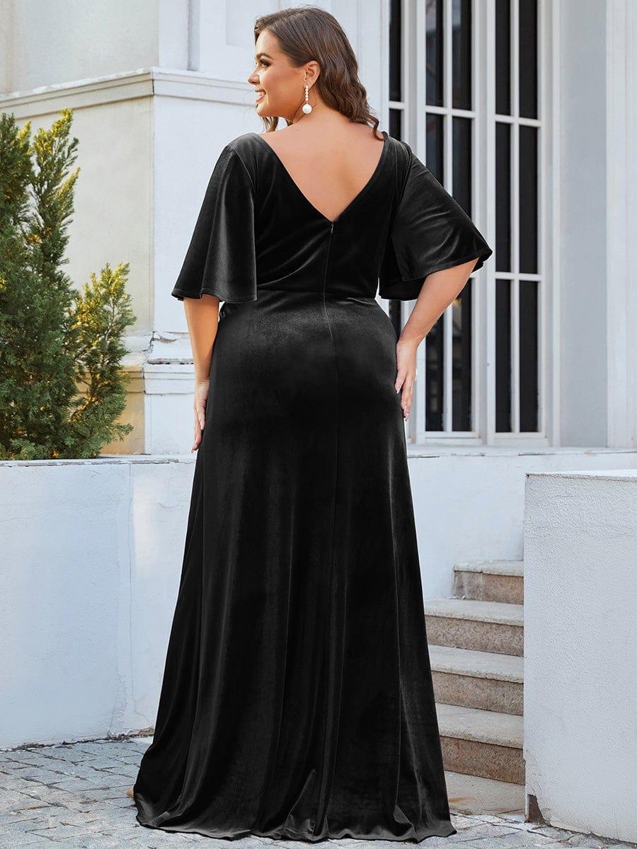 Classic Plus Size Backless Velvet Maxi Evening Dress with Short Sleeves