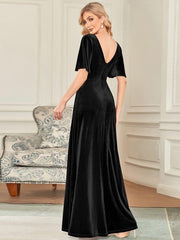 Feminine V-Neck Velvet A-Line Evening Dress with Sleeves