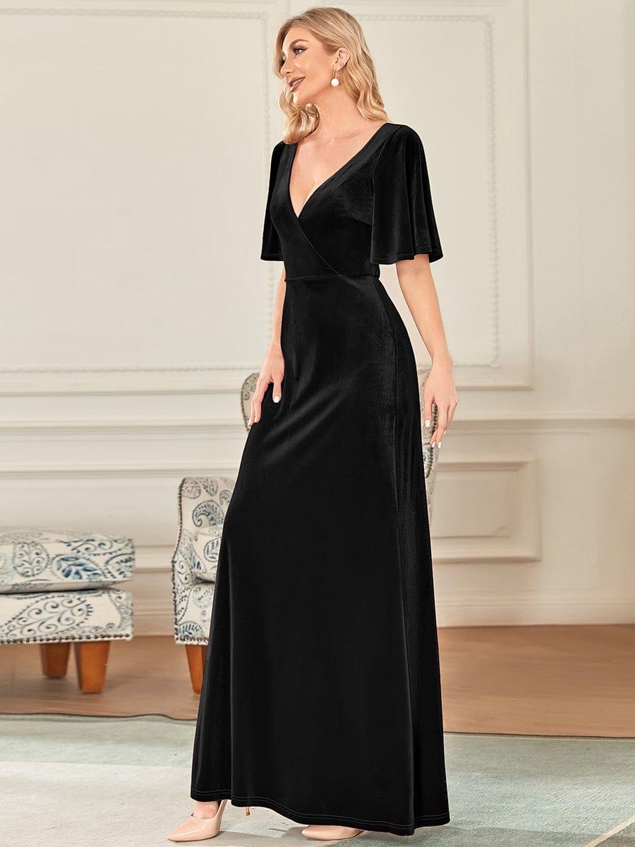 Feminine V-Neck Velvet A-Line Evening Dress with Sleeves