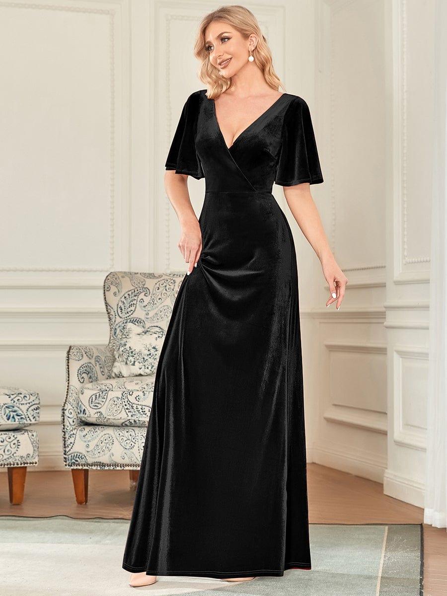 Feminine V-Neck Velvet A-Line Evening Dress with Sleeves