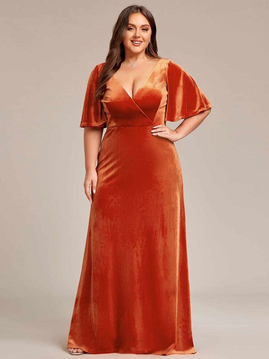 Classic Plus Size Backless Velvet Maxi Evening Dress with Short Sleeves
