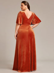 Classic Plus Size Backless Velvet Maxi Evening Dress with Short Sleeves