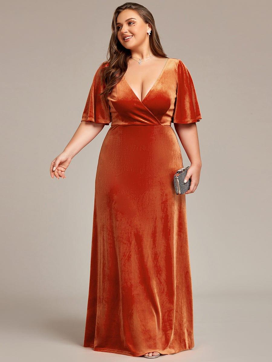 Classic Plus Size Backless Velvet Maxi Evening Dress with Short Sleeves