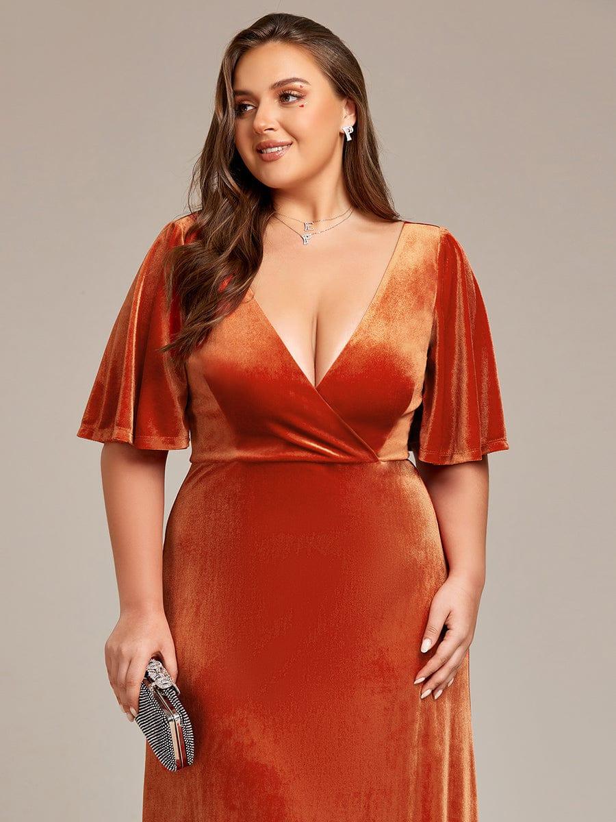 Classic Plus Size Backless Velvet Maxi Evening Dress with Short Sleeves