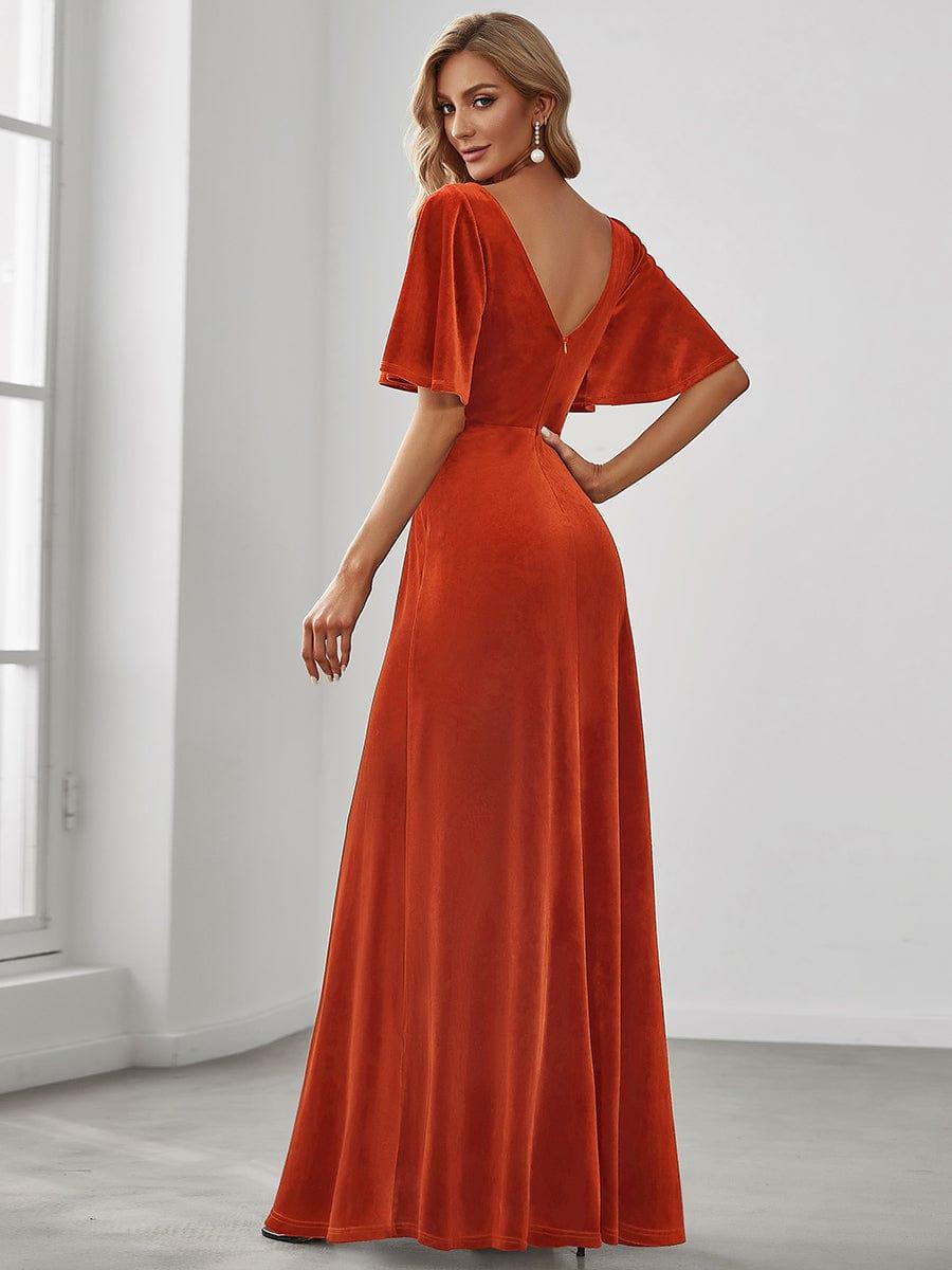 Feminine V-Neck Velvet A-Line Evening Dress with Sleeves