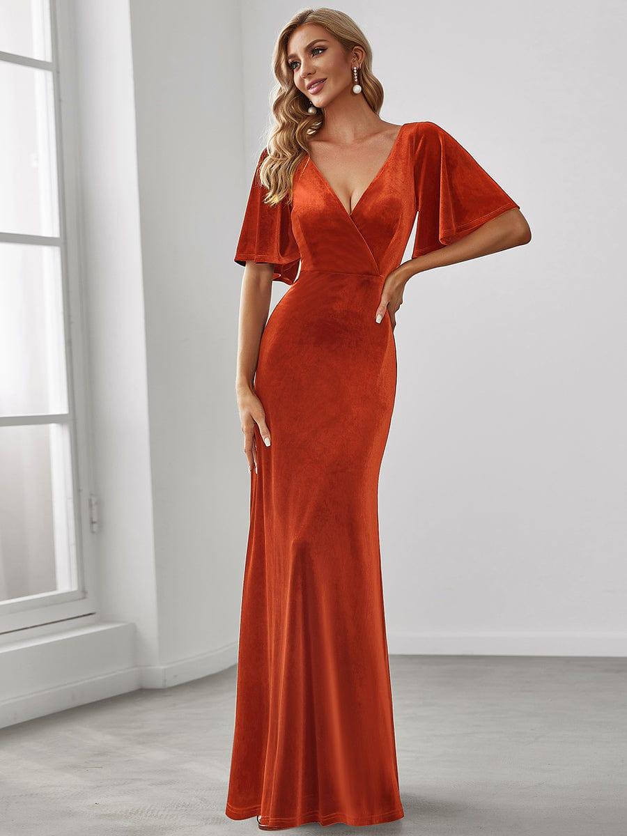 Feminine V-Neck Velvet A-Line Evening Dress with Sleeves