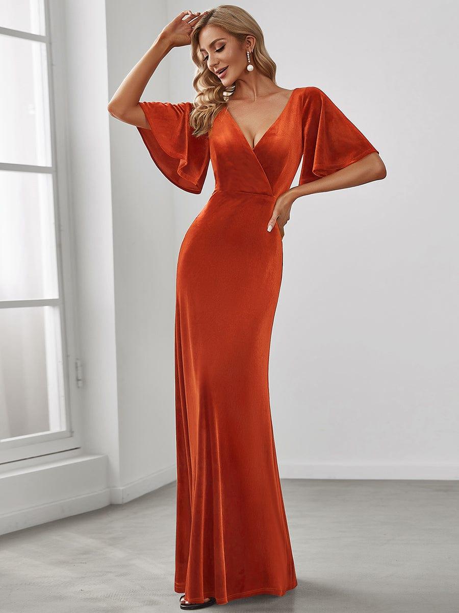 Feminine V-Neck Velvet A-Line Evening Dress with Sleeves