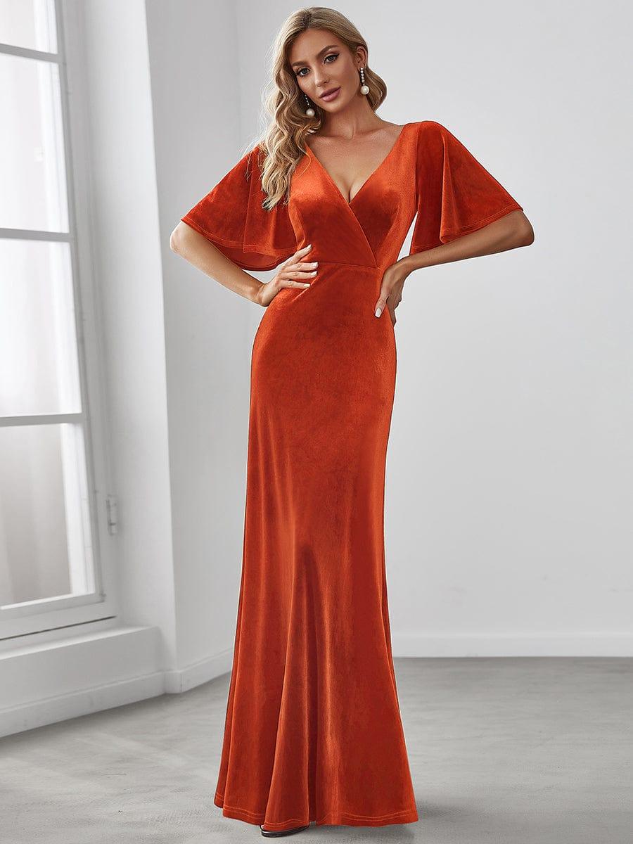 Feminine V-Neck Velvet A-Line Evening Dress with Sleeves