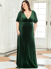 Classic Plus Size Backless Velvet Maxi Evening Dress with Short Sleeves