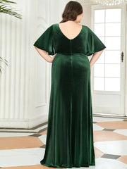 Feminine V-Neck Velvet A-Line Evening Dress with Sleeves