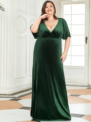 Classic Plus Size Backless Velvet Maxi Evening Dress with Short Sleeves