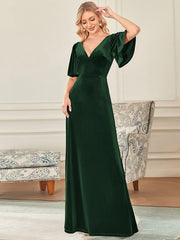 Feminine V-Neck Velvet A-Line Evening Dress with Sleeves