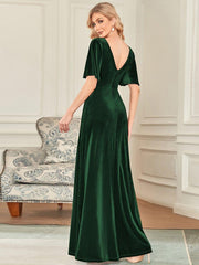 Feminine V-Neck Velvet A-Line Evening Dress with Sleeves