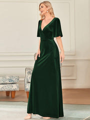 Feminine V-Neck Velvet A-Line Evening Dress with Sleeves