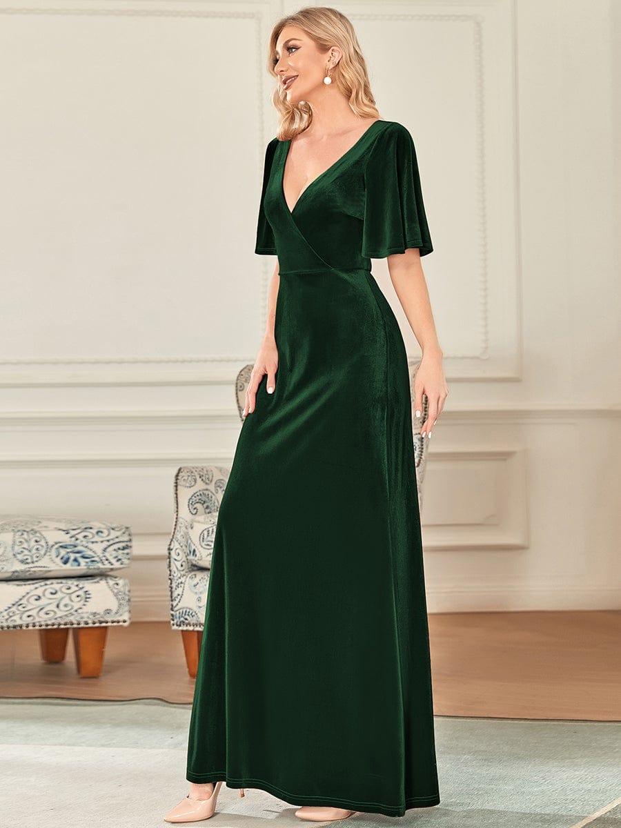 Feminine V-Neck Velvet A-Line Evening Dress with Sleeves