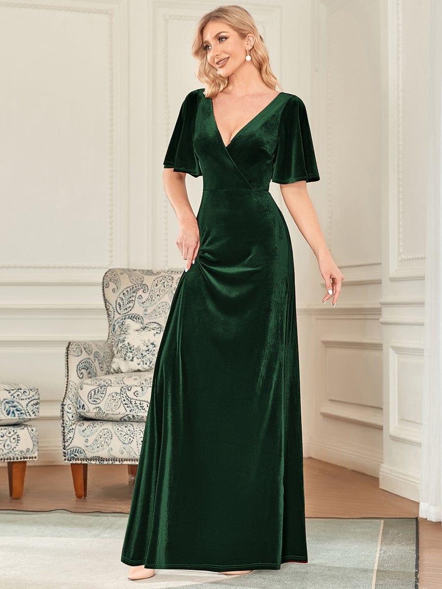 Feminine V-Neck Velvet A-Line Evening Dress with Sleeves