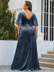 Classic Plus Size Backless Velvet Maxi Evening Dress with Short Sleeves