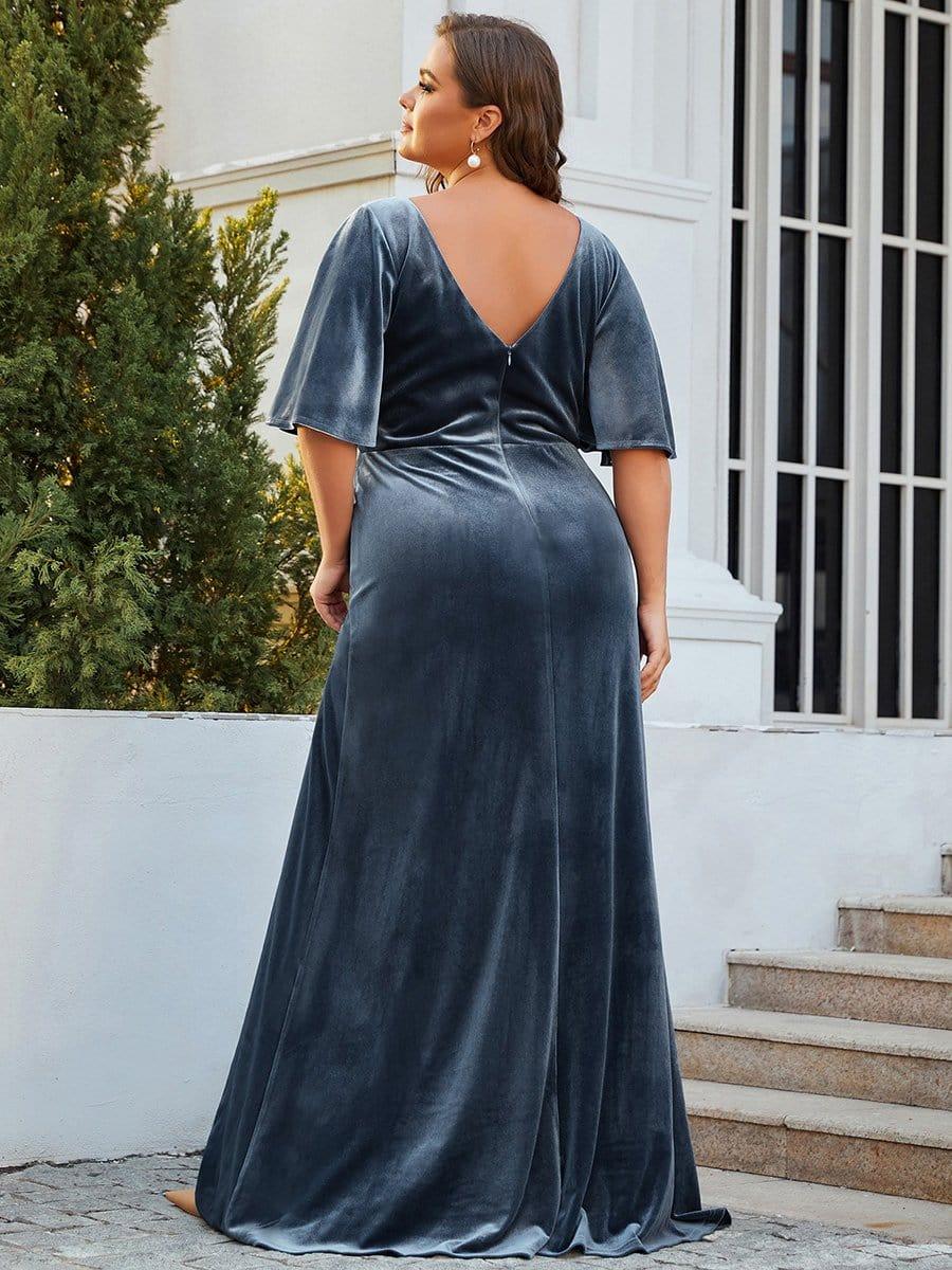 Classic Plus Size Backless Velvet Maxi Evening Dress with Short Sleeves