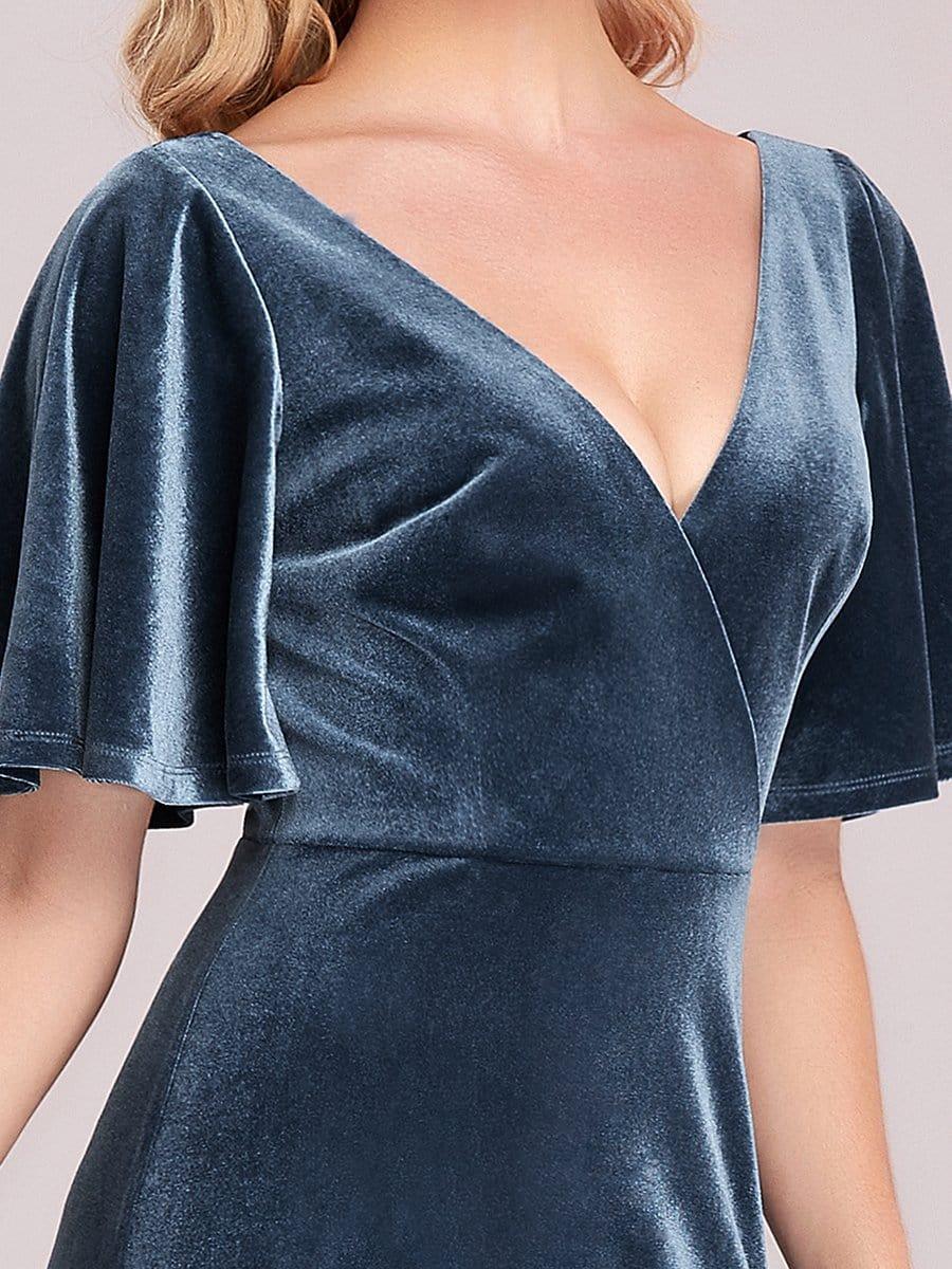 Feminine V-Neck Velvet A-Line Evening Dress with Sleeves