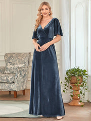 Feminine V-Neck Velvet A-Line Evening Dress with Sleeves