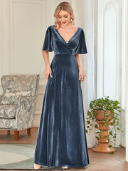 Feminine V-Neck Velvet A-Line Evening Dress with Sleeves