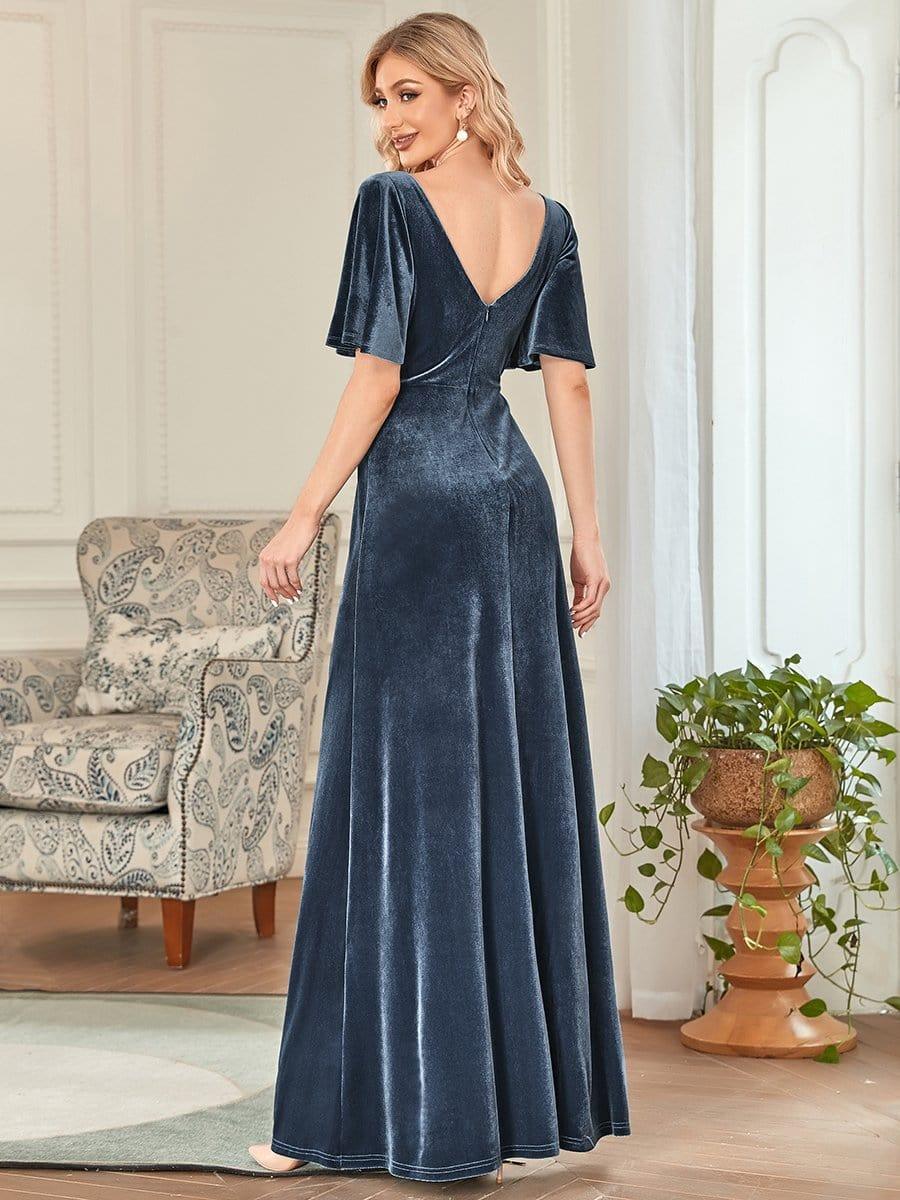 Feminine V-Neck Velvet A-Line Evening Dress with Sleeves