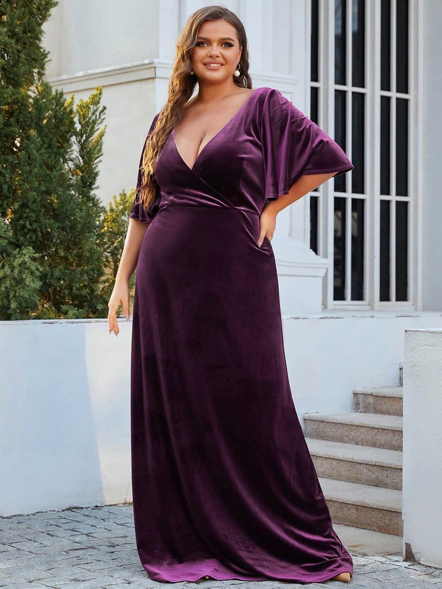 Classic Plus Size Backless Velvet Maxi Evening Dress with Short Sleeves
