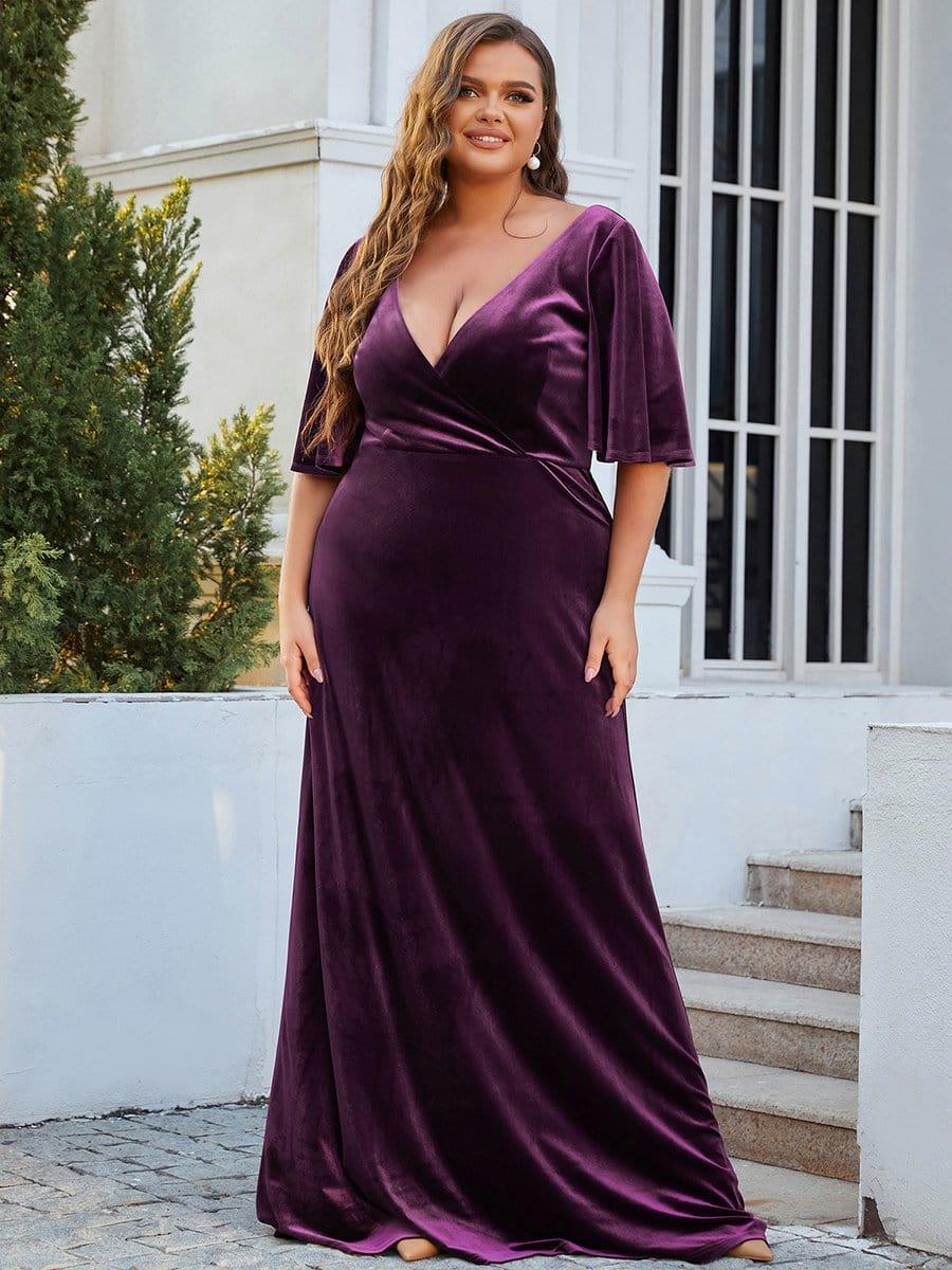 Classic Plus Size Backless Velvet Maxi Evening Dress with Short Sleeves