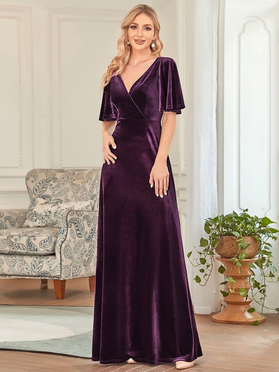 Feminine V-Neck Velvet A-Line Evening Dress with Sleeves