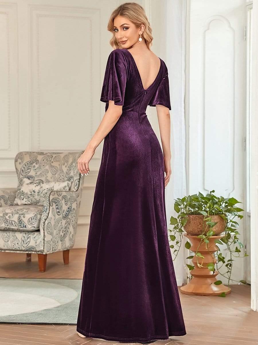 Feminine V-Neck Velvet A-Line Evening Dress with Sleeves