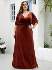 Classic Plus Size Backless Velvet Maxi Evening Dress with Short Sleeves