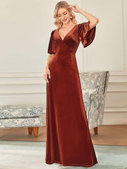 Feminine V-Neck Velvet A-Line Evening Dress with Sleeves
