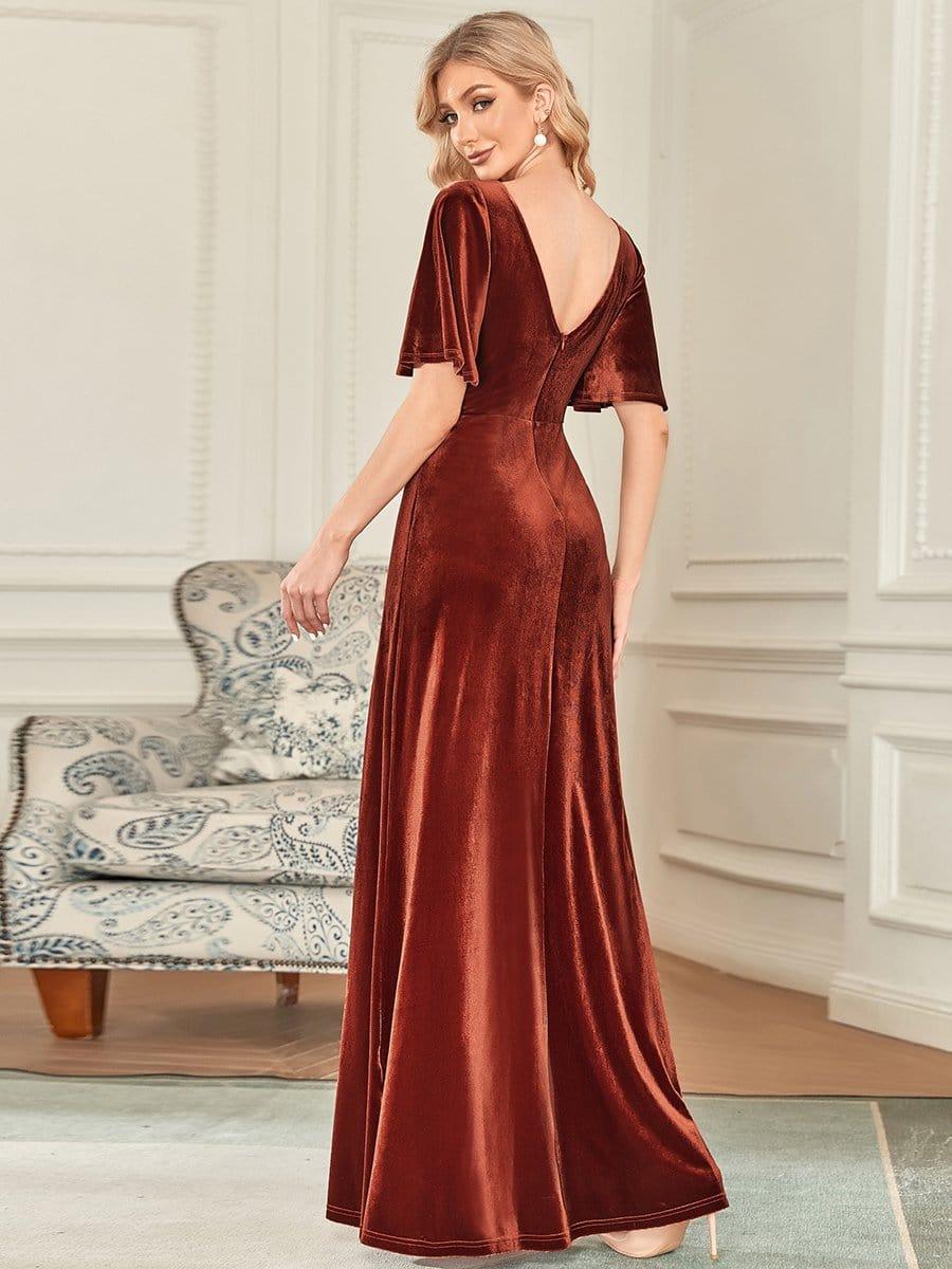 Feminine V-Neck Velvet A-Line Evening Dress with Sleeves