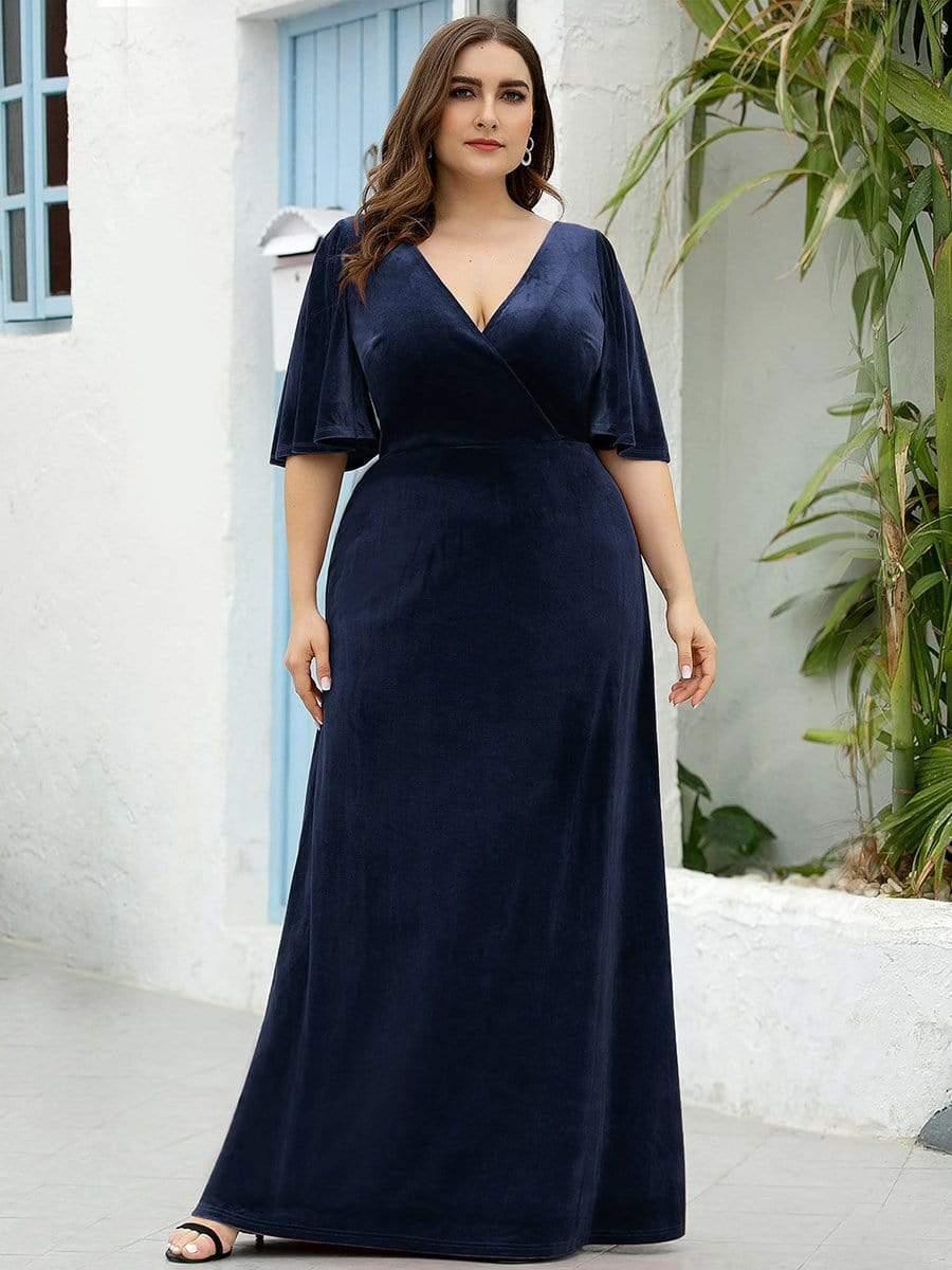 Classic Plus Size Backless Velvet Maxi Evening Dress with Short Sleeves