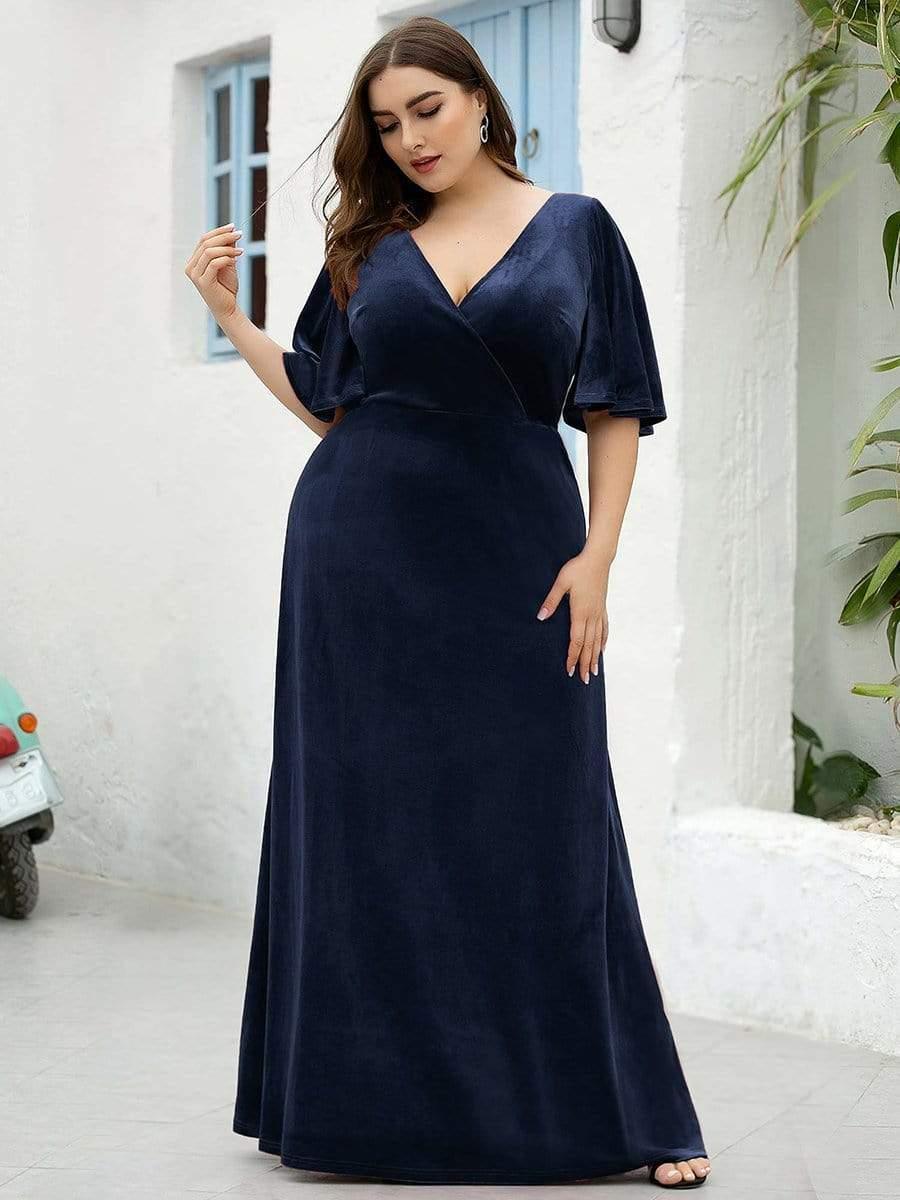 Classic Plus Size Backless Velvet Maxi Evening Dress with Short Sleeves